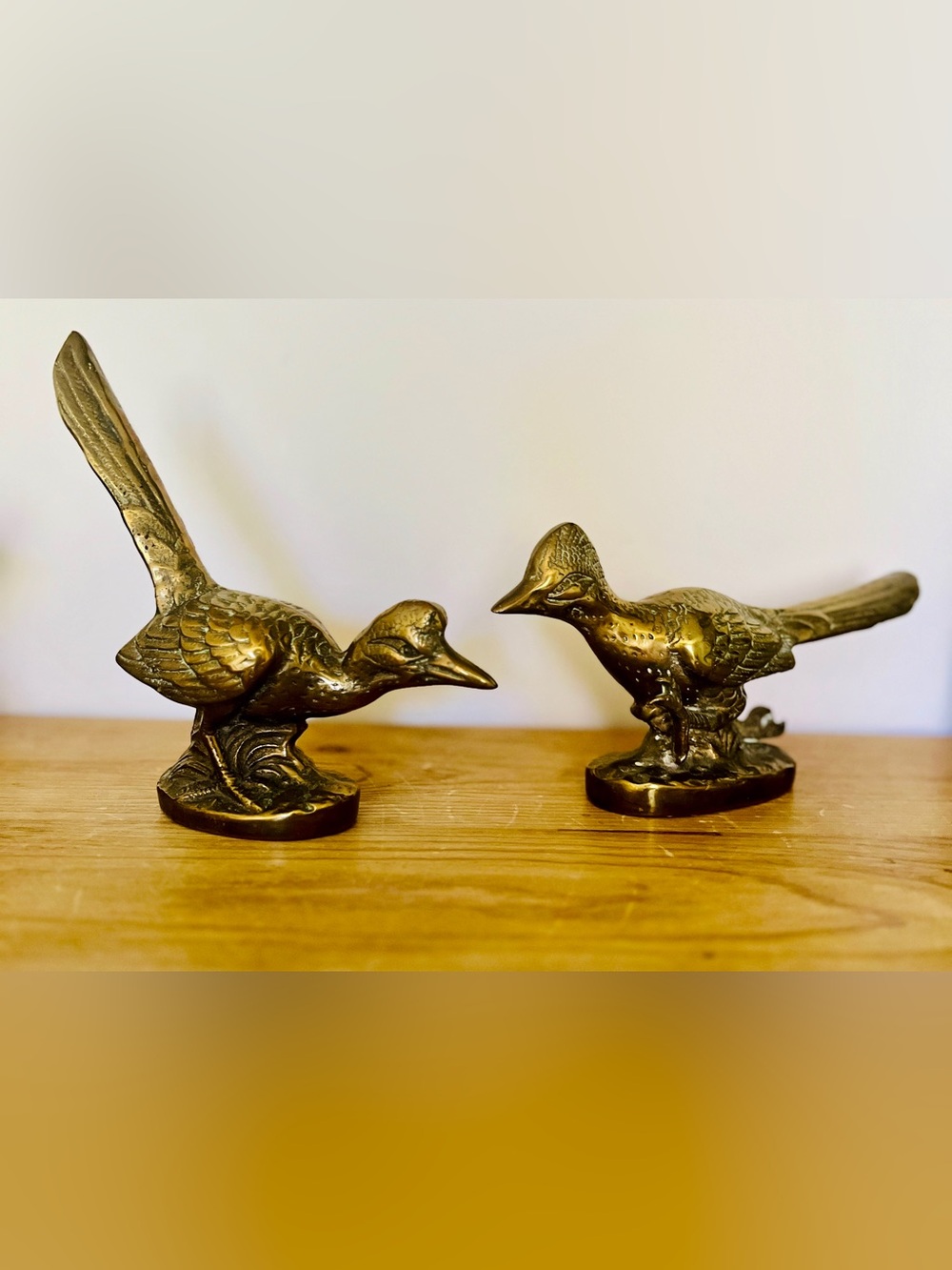 {a pair of} Vintage Brass Roadrunner Figurines, excellent condition